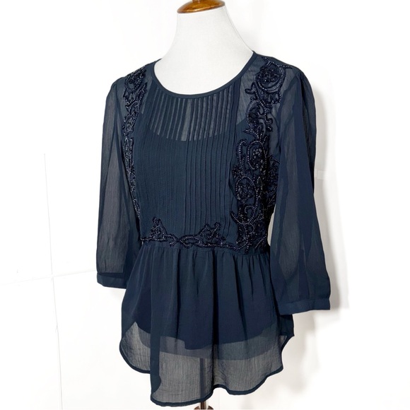 Anthropologie Embellished Beaded Sequin Floral Embroidered Navy Peplum Blouse - Picture 6 of 14